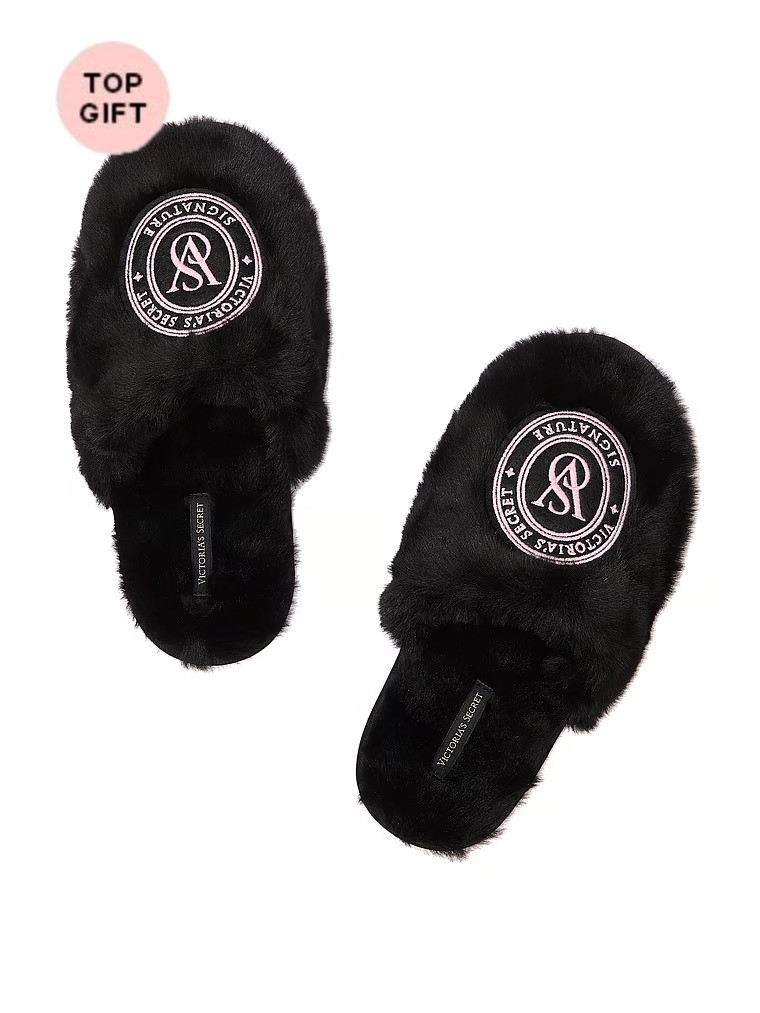 Closed-toe Faux Fur Slippers, Black, large