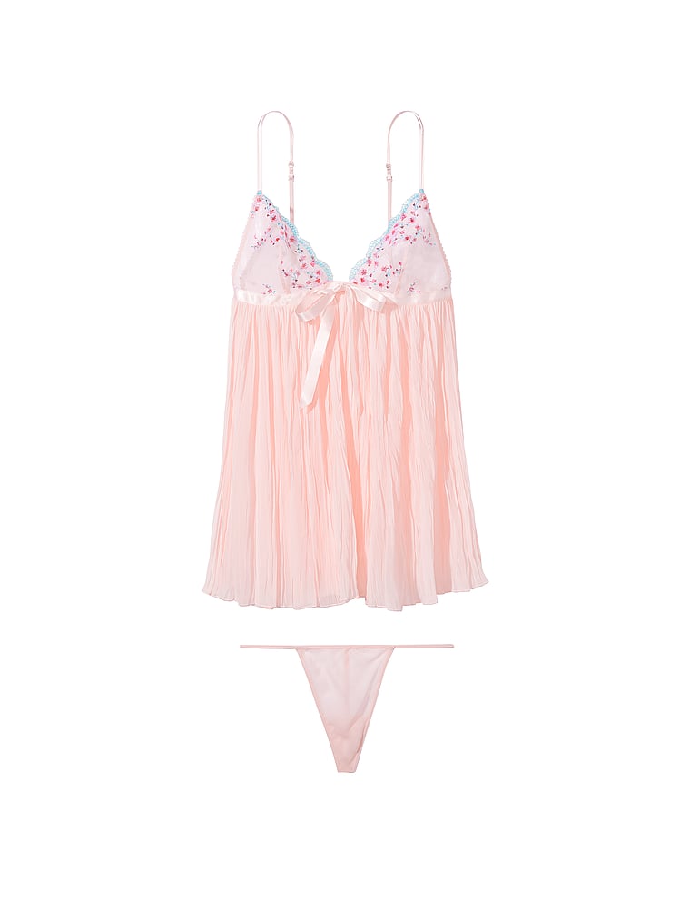 Cherry Blossom Embroidery Pleated Babydoll Set, Ballet Pink, large