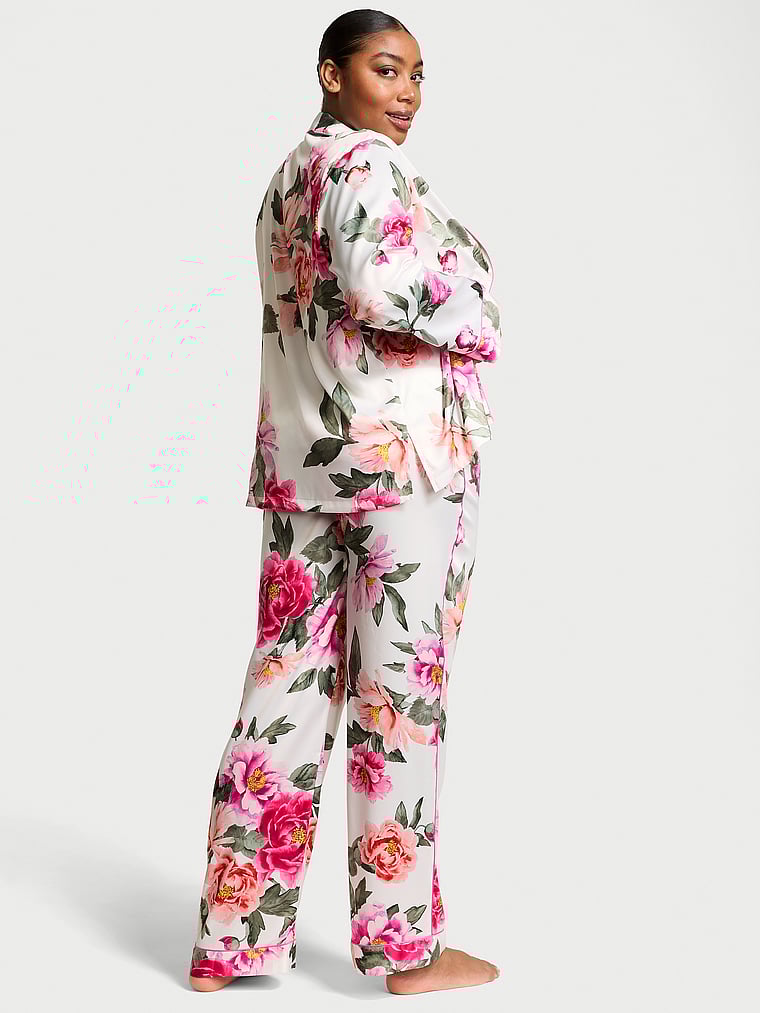 Ensemble Pyjama Long En Satin Glacé, Coconut White/New Peony Floral Bouquetes, large