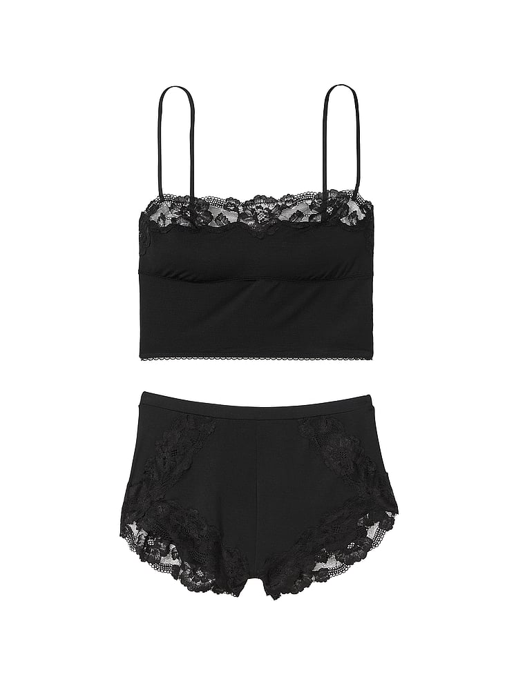 Modal & Lace Trim Straight-neck Cami Set, Black, large