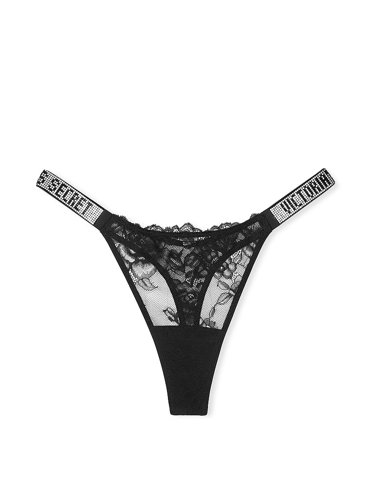 Slip En Dentelle Ornée De Roses Avec Lanières Brillantes, BLACK, large