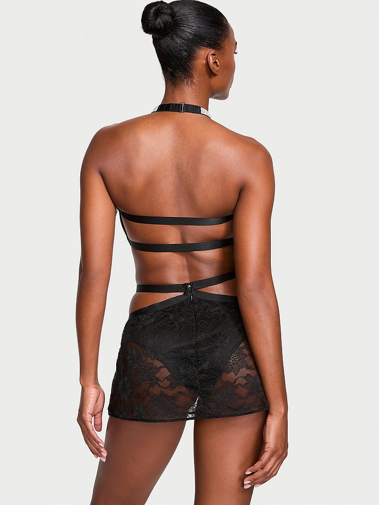 Shine Strap Halter Bralette & Mini Skirt Set, Black, large