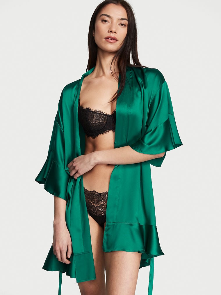 Kimono Volanté En Satin, Spruce Green, large
