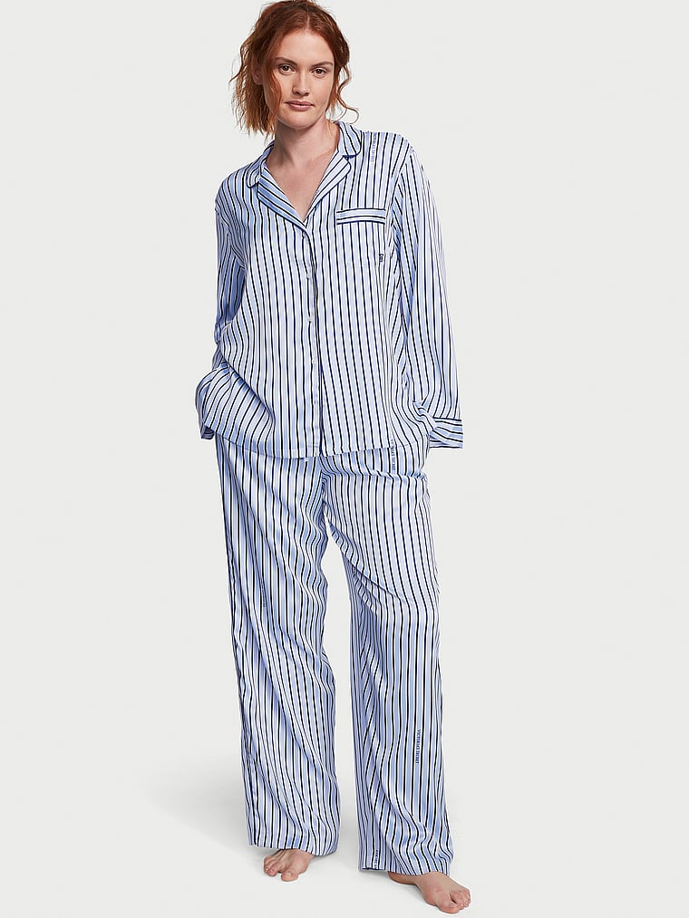 Ensemble Pyjama Long En Satin, Blue Crescent Stripes, large