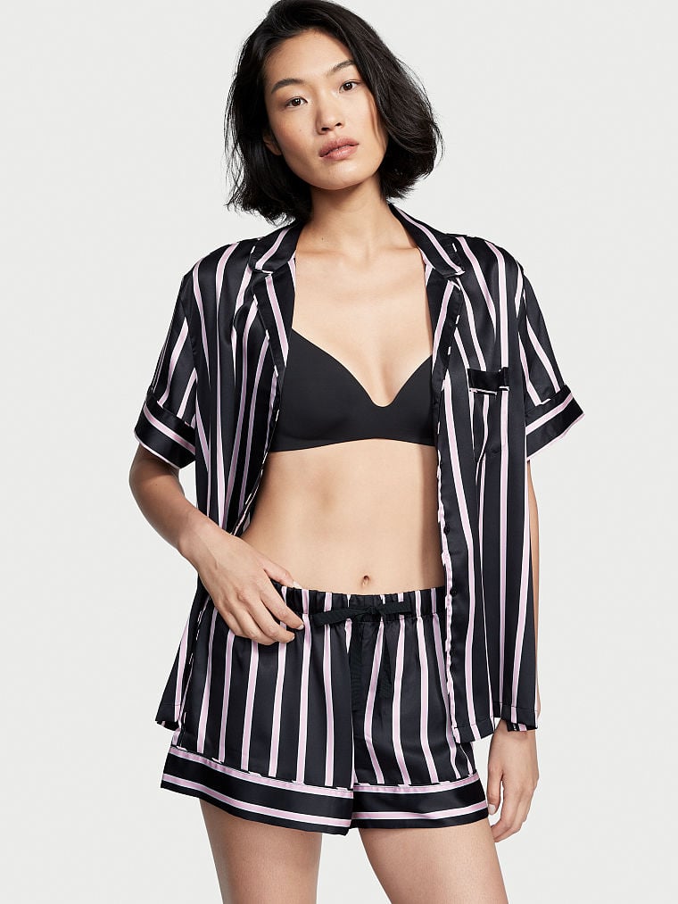 Ensemble Pyjama Court En Satin, Black Classic Stripe, large