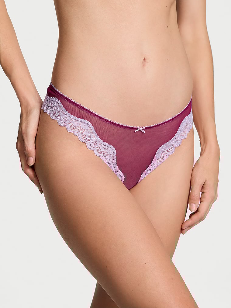 String Sexy Échancré Et Bordé De Dentelle En Maille Tease, Campari Red, large