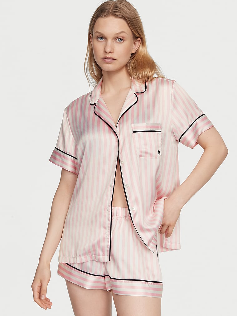 Ensemble Pyjama Court En Satin, NEW PINK ICONIC STRIPE, large