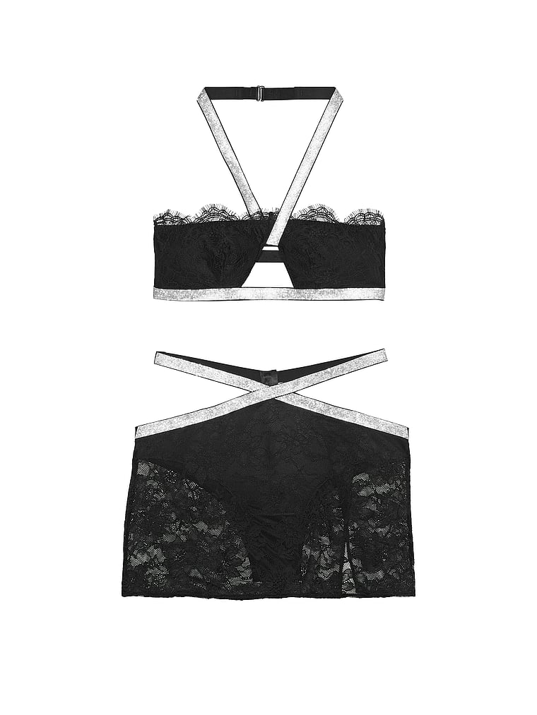 Shine Strap Halter Bralette & Mini Skirt Set, Black, large