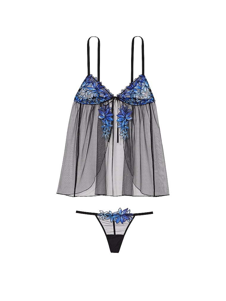 Ziggy Glam Floral Embroidery Flyaway Babydoll Set, Blue Ombre, large