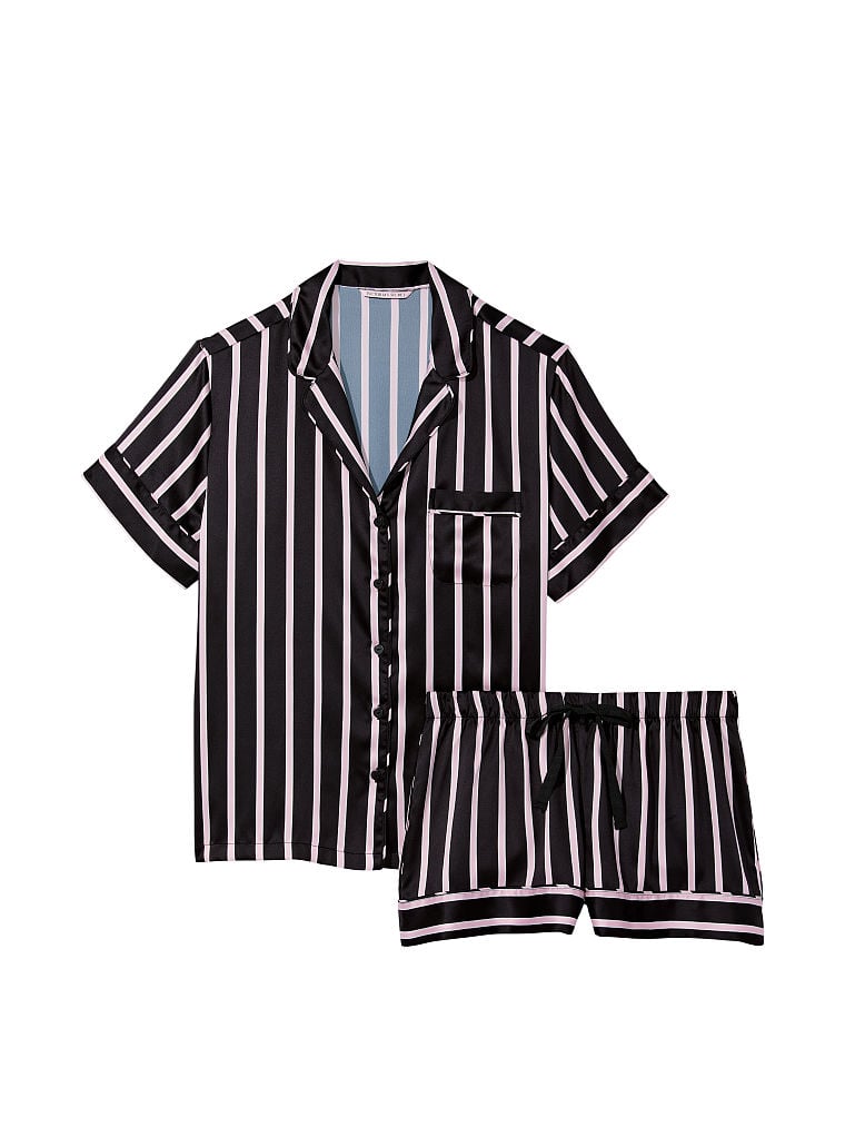 Ensemble Pyjama Court En Satin, Black Classic Stripe, large