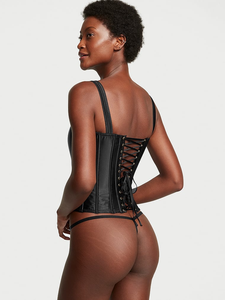 Ensemble Corset Et String Classique En Soie, Black, large