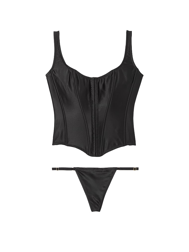 Ensemble Corset Et String Classique En Soie, Black, large