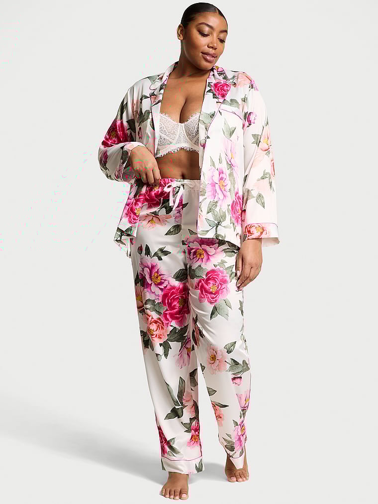 Ensemble Pyjama Long En Satin Glacé, Coconut White/New Peony Floral Bouquetes, large