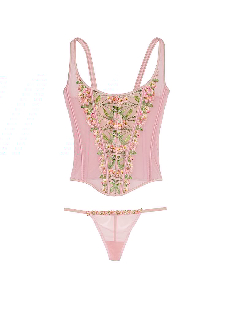 Classic Lily Embroidery Corset Set, Pink Lilies, large