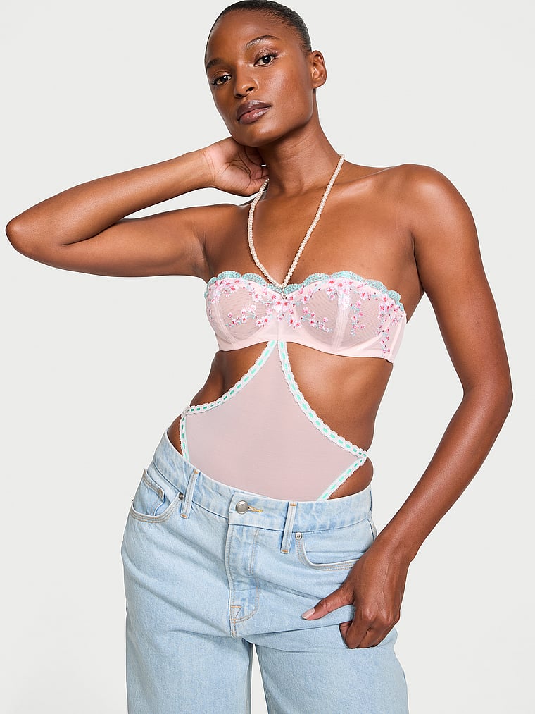 Cherry Blossom Embroidery Pearl Halter Teddy, Ballet Pink, large