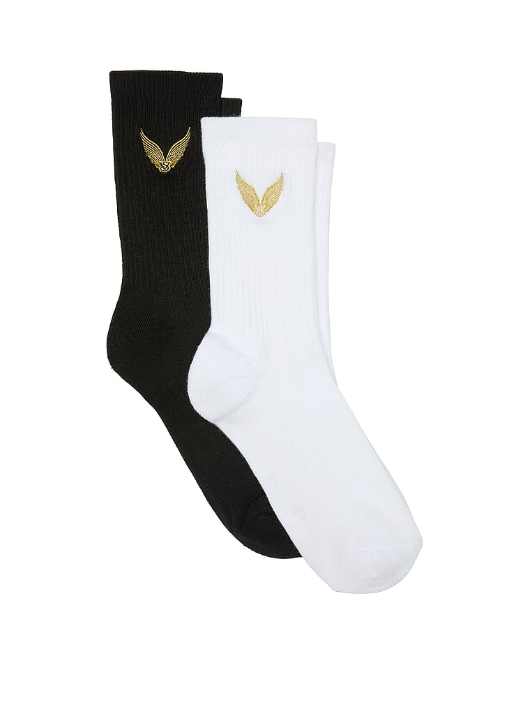 2-pack Slim Slouchy Crew Socks, Black and Coconut White Gold Wings, large