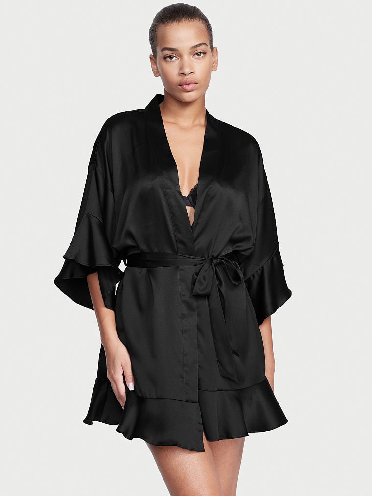 Kimono Volanté En Satin, Black, large