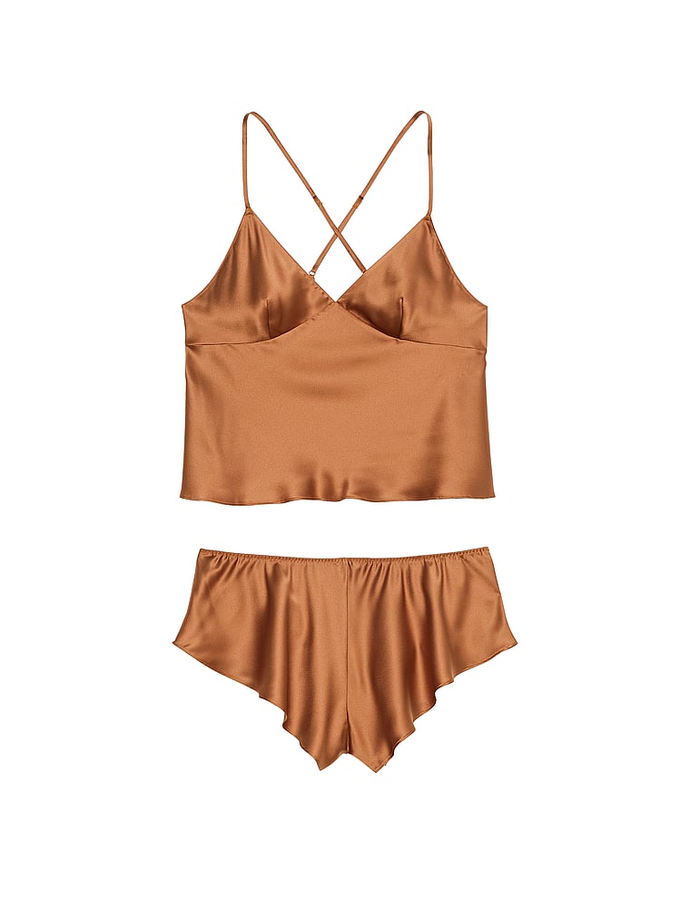 Satin Open-back Cami & Shorts Set, Caramel, large