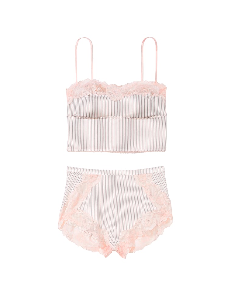 Modal & Lace Trim Straight-neck Cami Set, Purest Pink Stripes, large