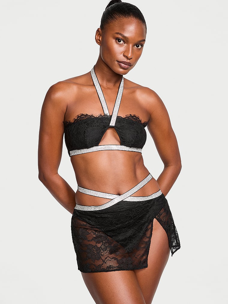 Shine Strap Halter Bralette & Mini Skirt Set, Black, large