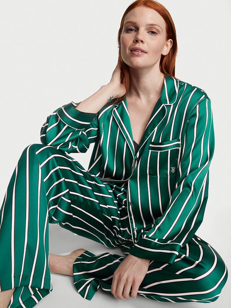 Ensemble Pyjama Long En Satin, Deepest Green Stripe, large