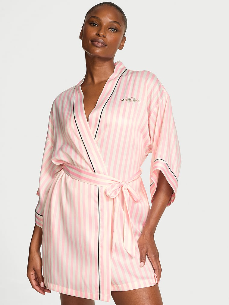 Victoria's Secret Backstage Satin Sparkle Short Robe, Iconic Stripe, large