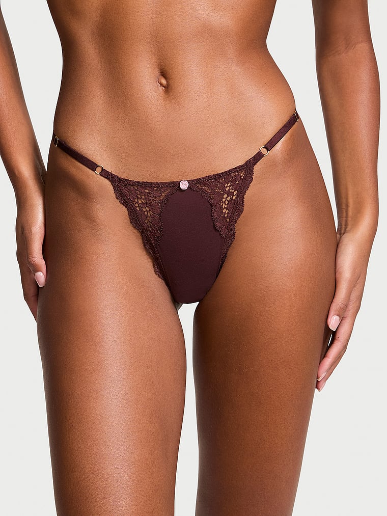 V-string Ajustable Avec Détails En Dentelle, Burgundy Brown, large