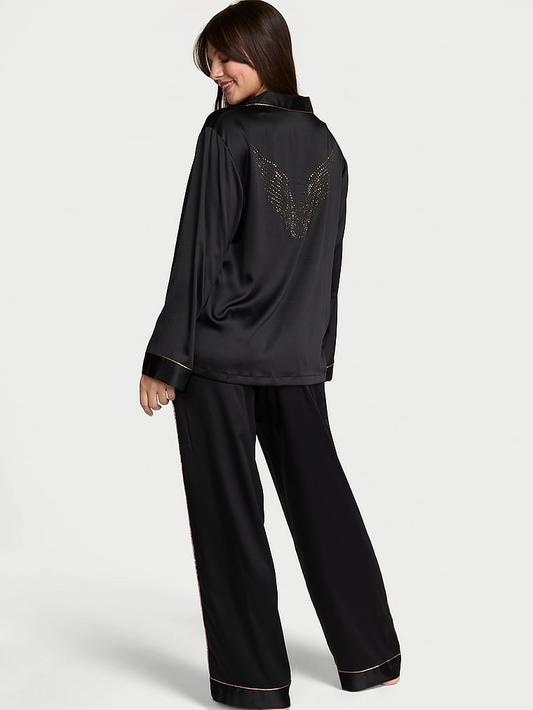 Glazed Satin Long Pajama Set, Black, large