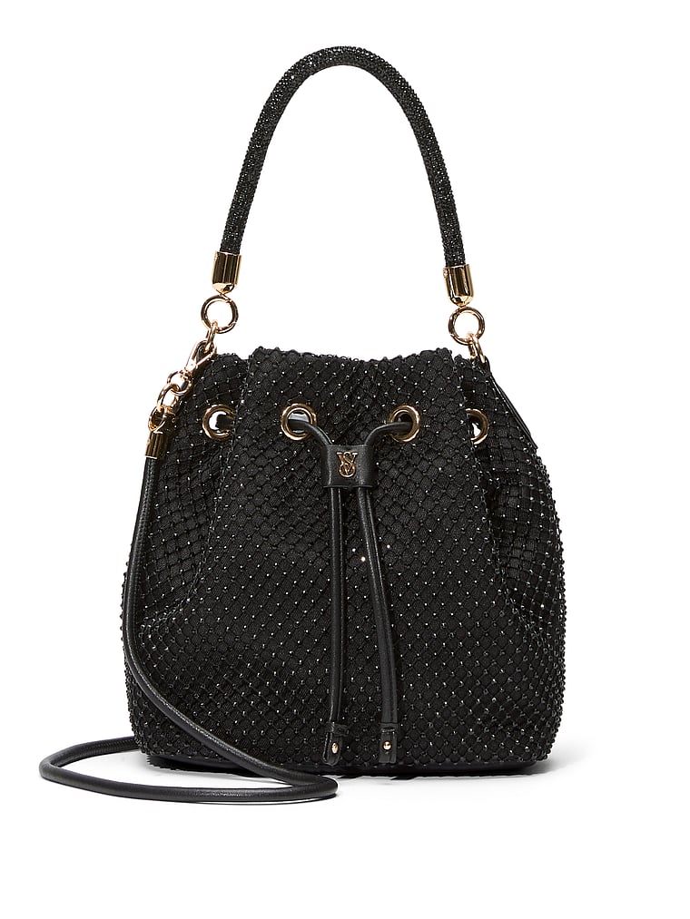 Mini Bucket Bag, Black Rhinestone Mesh, large