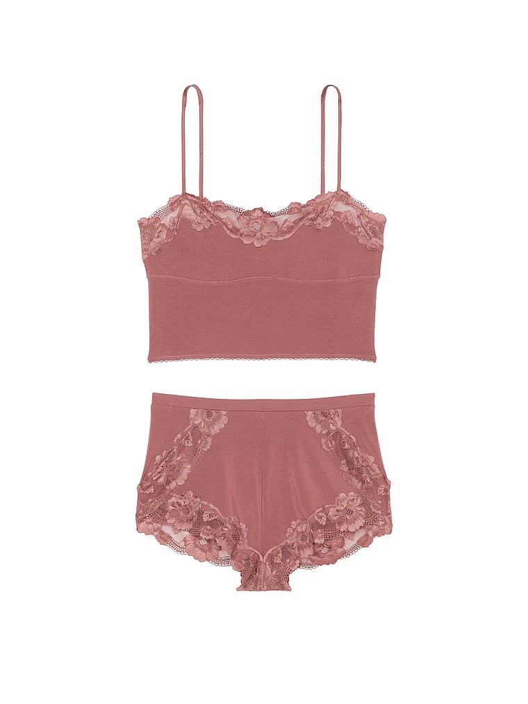 Modal & Lace Trim Straight-neck Cami Set, VINTAGE ROSE, large