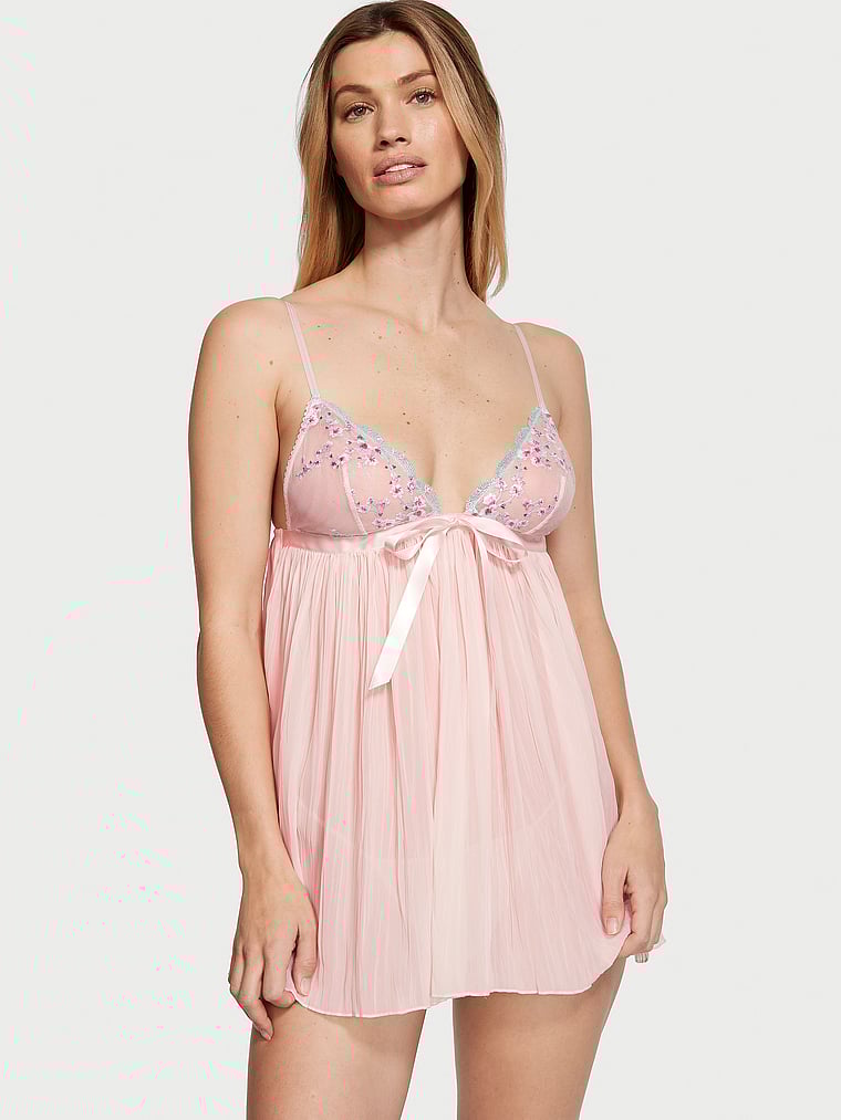 Cherry Blossom Embroidery Pleated Babydoll Set, Ballet Pink, large