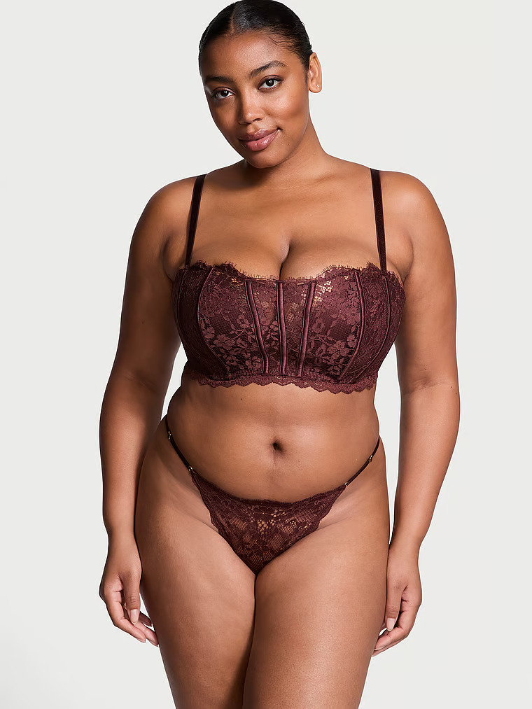 Soutien-gorge Bandeau En Dentelle Légèrement Ampliforme, Burgundy Brown, large
