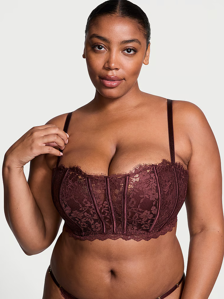 Soutien-gorge Bandeau En Dentelle Légèrement Ampliforme, Burgundy Brown, large