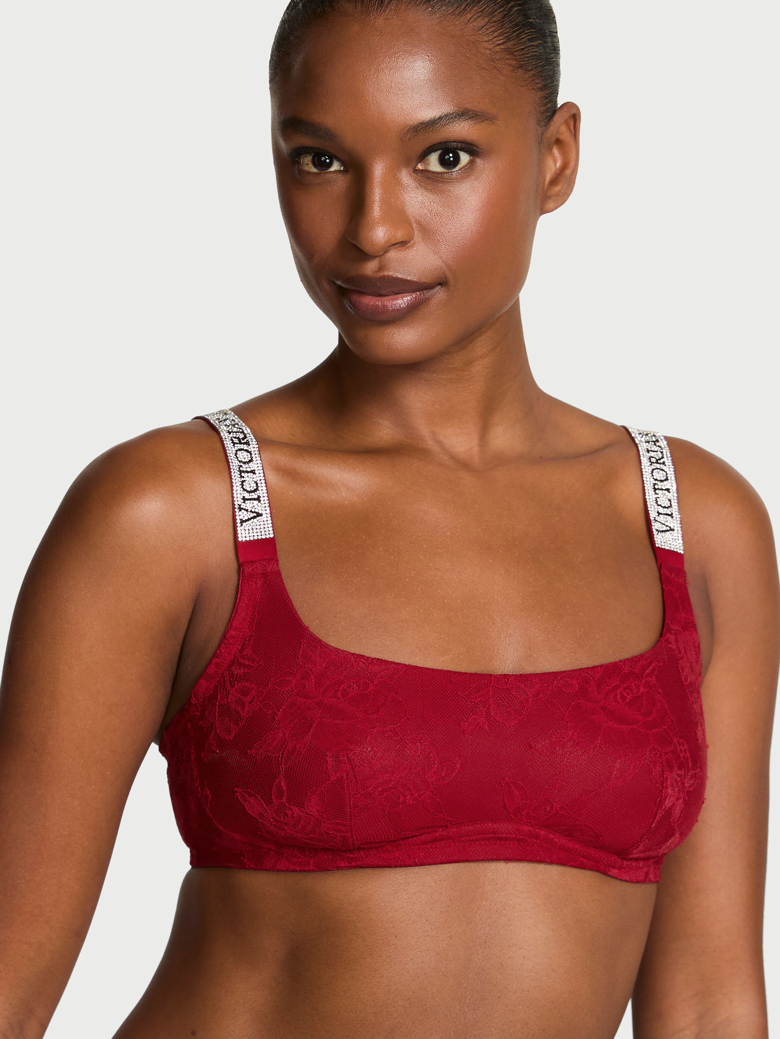 Shine Strap Lace Scoop Bralette, Red Lacquer, large