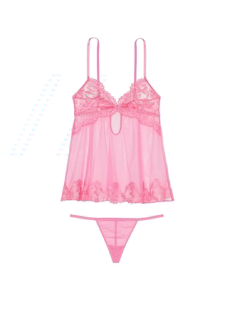 Sheer Boho Floral Embroidery Babydoll Set, Tickled Pink, large
