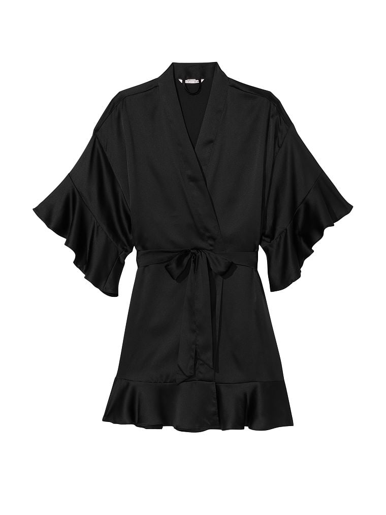 Kimono Volanté En Satin, Black, large