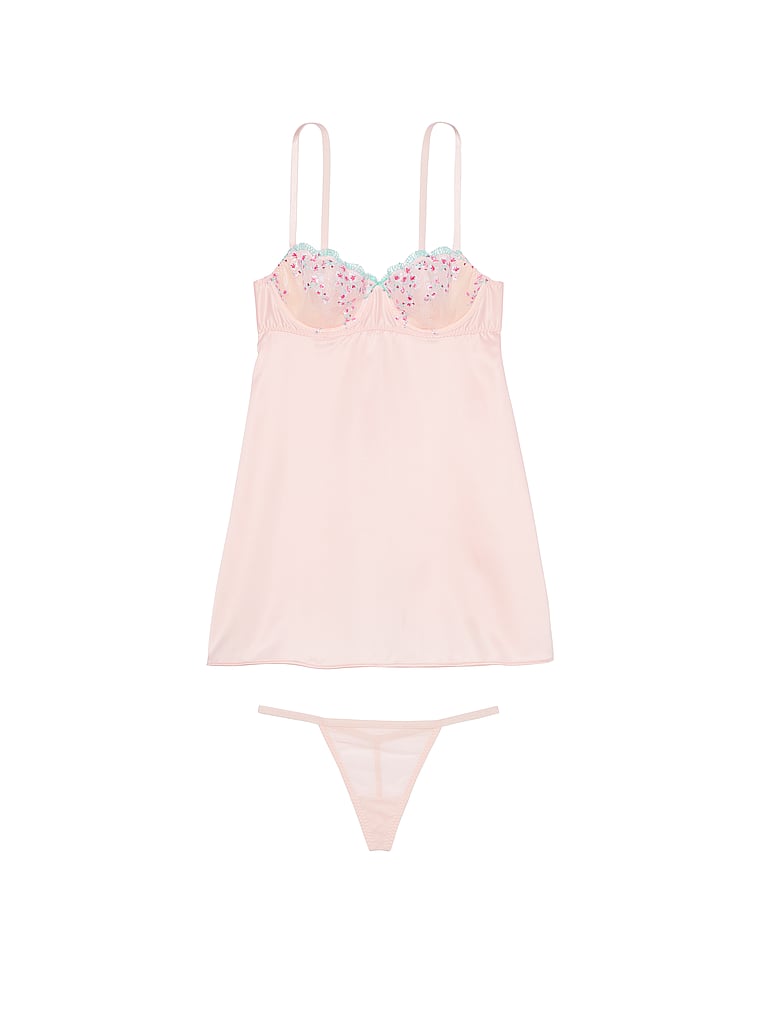 Wicked Unlined Cherry Blossom Embroidery Babydoll Set, Ballet Pink, large