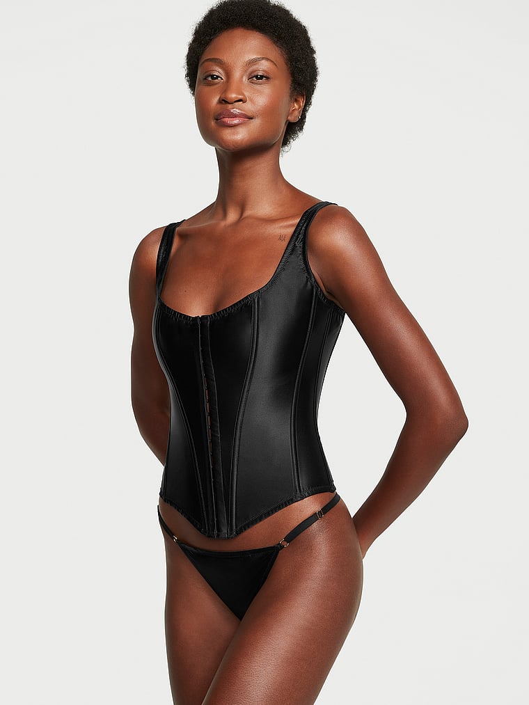 Ensemble Corset Et String Classique En Soie, Black, large