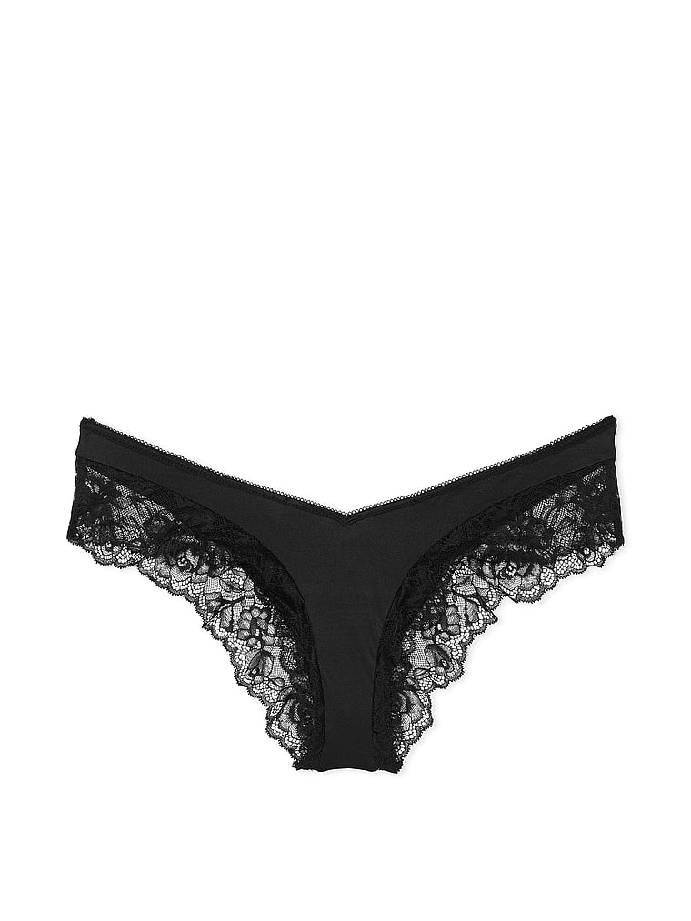 Culotte Sexy Échancrée Et Bordée De Dentelle Avec Motif De Roses, BLACK, large