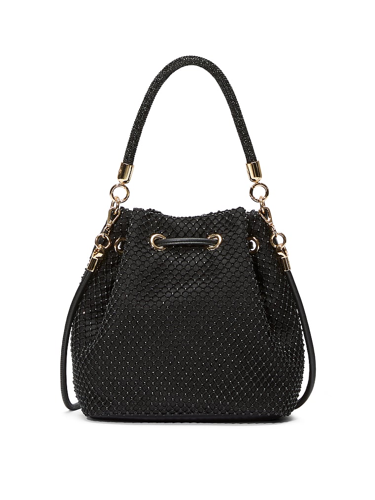 Mini Bucket Bag, Black Rhinestone Mesh, large