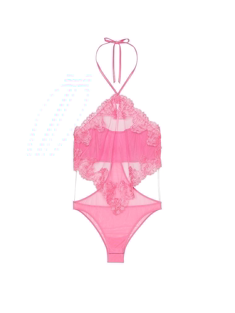 Sheer Boho Floral Embroidery Halter-neck Teddy, Tickled Pink, large