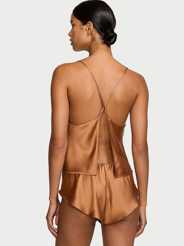 Satin Open-back Cami & Shorts Set, Caramel, large