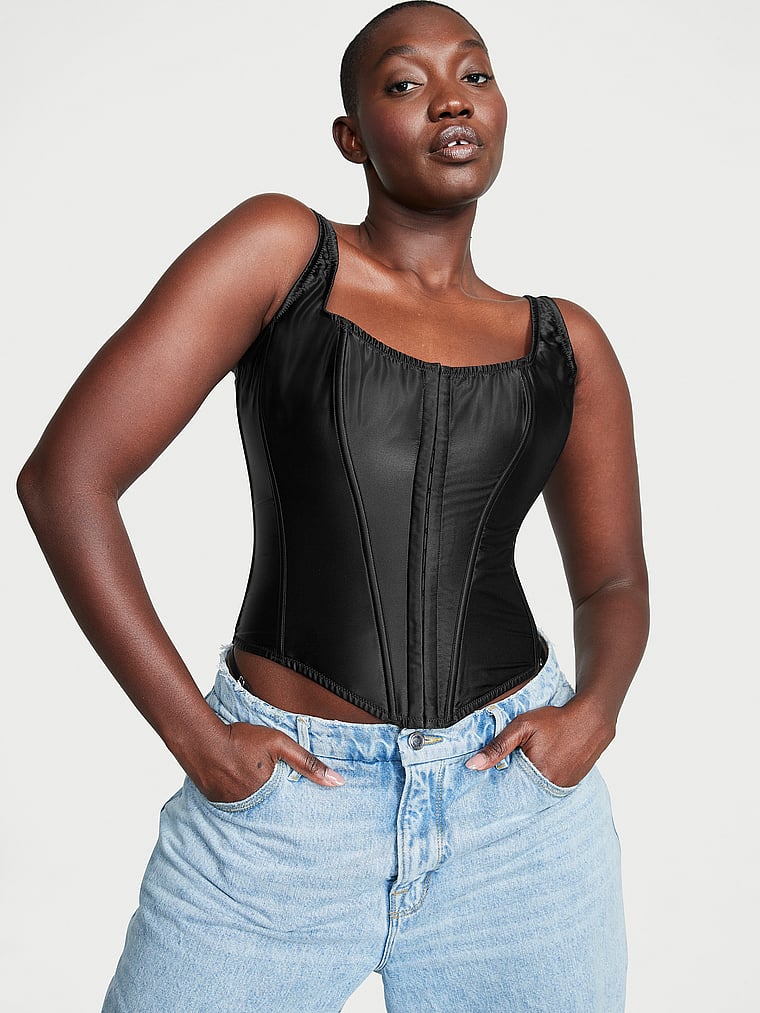 Ensemble Corset Et String Classique En Soie, Black, large